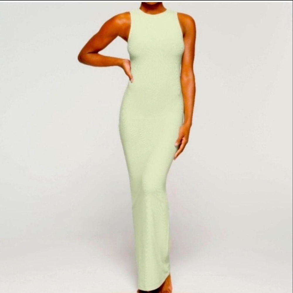 SKIMS Ribbed High-Neck Maxi Dress in Light Sage